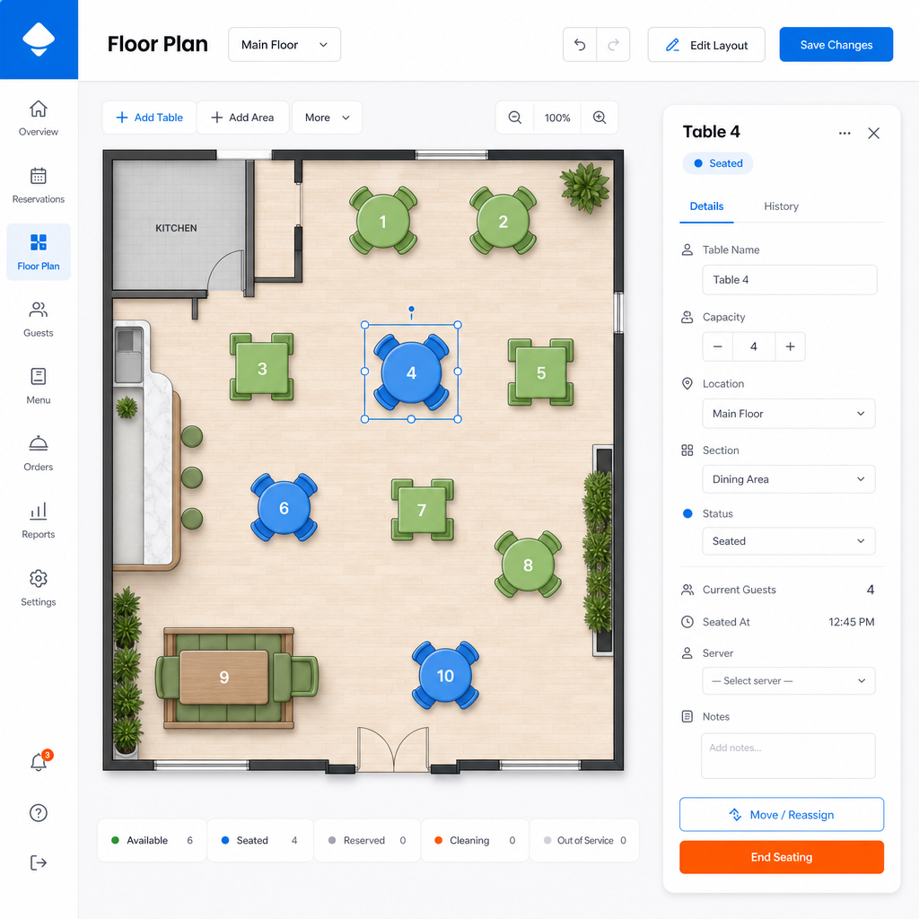 Floor plan view with visual table layout and real-time status